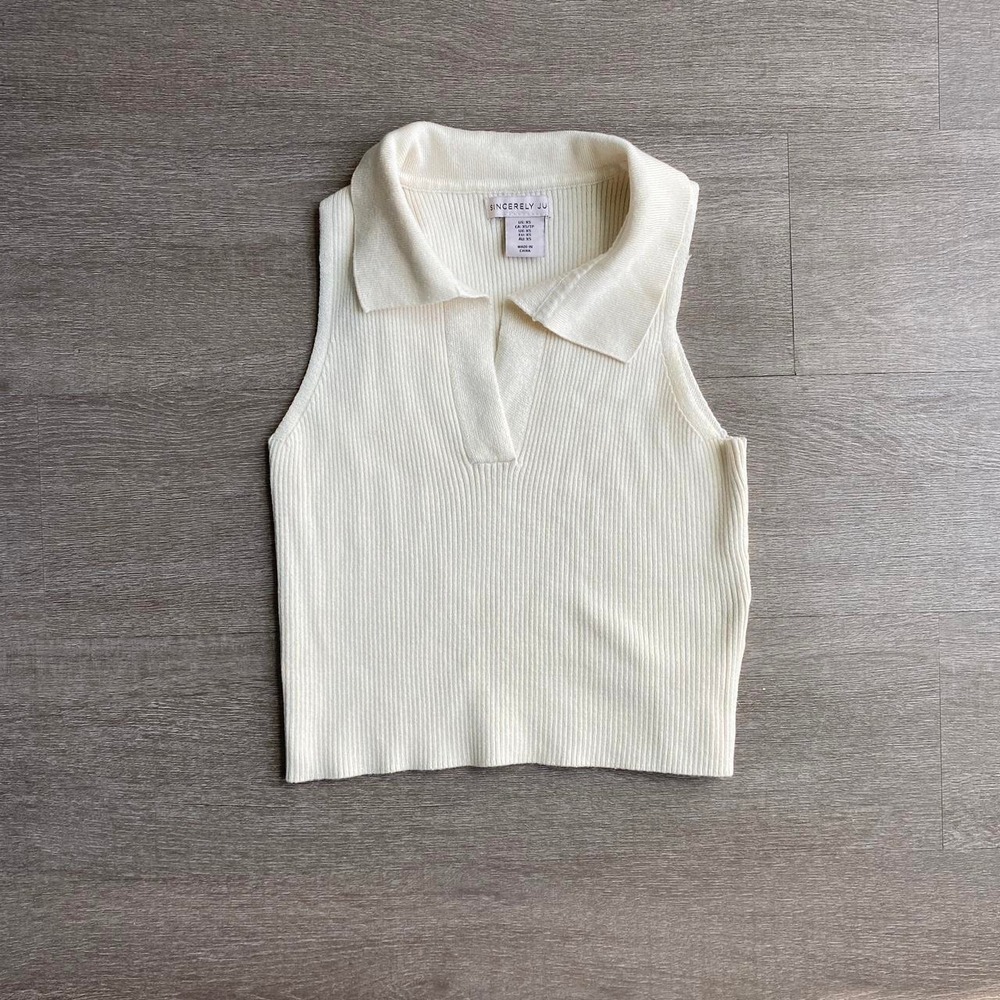 XS Sincerely Jules‎ Soft Cream Sleeveless Ribbed Top with Polo Style Collar 1248 - Picture 2 of 6